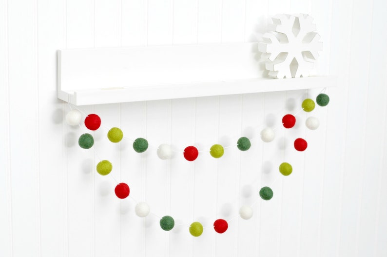 Classic Christmas Decor Holiday Tree Garland 1 inch Wool Felt Balls Red Green and White Pom Pom Bunting image 3