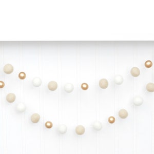 Farmhouse Christmas Decor - Holiday Tree Garland - Wool Felt Balls - Cream, White, Gold