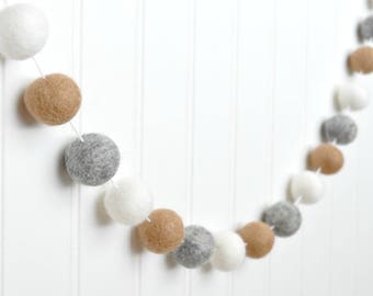 Neutral Felt Ball Garland: Gray, Beige, and White Nursery Decor