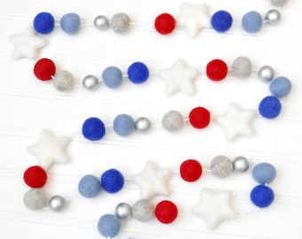 Patriotic Felt Ball Garland: Red, White, Blue Star Decor