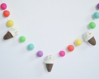 Ice Cream Felt Ball Garland - Ice Cream Party Decoration - Summer Banner - Birthday Bunting