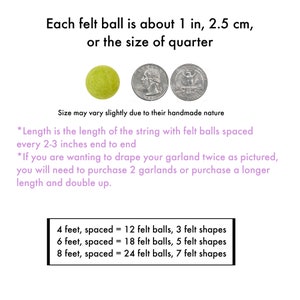May include: A guide for creating a felt ball garland. The image shows a felt ball, a US quarter, and a chart with instructions for spacing felt balls on a string. The chart shows the length of the string in feet, the number of felt balls, and the number of felt shapes.