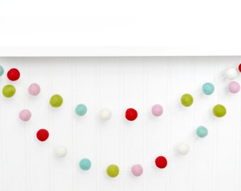 Colorful Felt Ball Christmas Garland: Red, Pink, Green, Blue