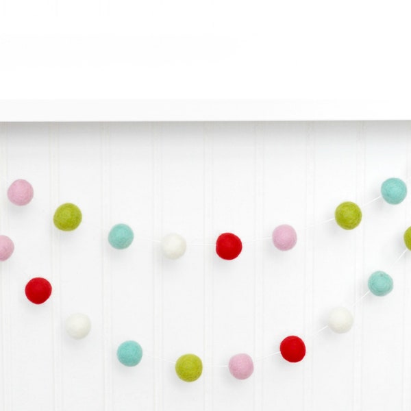 Colorful Christmas Garland, Holiday Felt Ball Garland, Christmas Tree - Red Pink Green and Blue Felt Balls