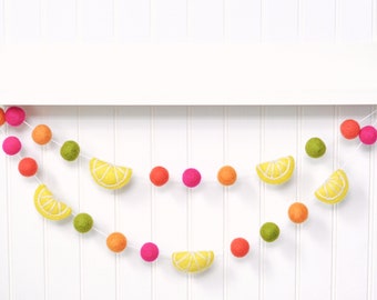 Summer Party Decoration - Felt Lemon Banner - Pom Pom Garland - Pink, Yellow, Green, and Orange Wool Balls