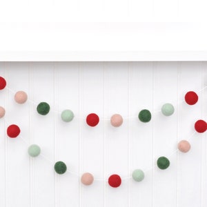 Blush Mint Christmas Garland - Holiday Felt Balls - Pom Pom Bunting - Tree Decoration - Mantle Fireplace