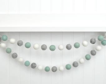 Blue and Gray Pom Pom Garland, Baby Boy Felt Ball Garland, Boy Felt Bunting, Baby Boy Baby Shower Decoration, Boy Nursery Decor Felt Garland