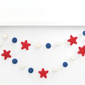 Traditional July 4th Felt Ball Garland - Red, White, and Navy - Star Bunting