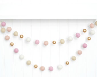 Pink and Gold Nursery Decoration - Felt Ball Garland - Baby Girls Room - First Birthday Party - Baby Shower - Bridal Shower