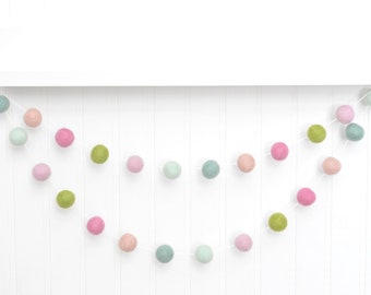 Spring Felt Ball Garland - Easter Mantel Decoration - Pink, Blush, Green, Mint Wool Pom Poms