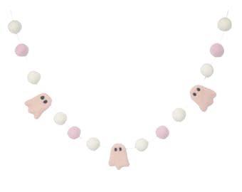 May include: A pink and white felt garland with pink ghost cutouts. The garland is strung with white and pink pom poms.