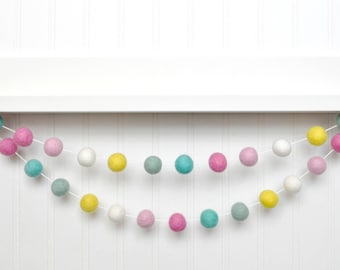 Bright Spring Felt Ball Garland - Easter Decoration for Mantel - Little Girls Room - Pink, Yellow and Mint