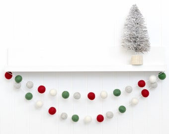 Farmhouse Christmas Tree Garland - Rustic Holiday Decoration - Country Mantel Decor - Wool Felt Balls