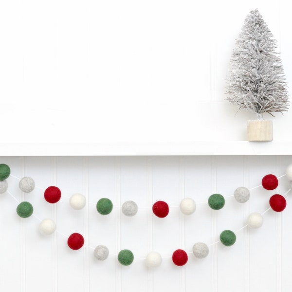 Farmhouse Christmas Tree Garland - Rustic Holiday Decoration - Country Mantel Decor - Wool Felt Balls