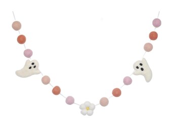 Ghost Felt Ball Garland: Pink Pom Poms, Wool Daisies - Halloween Decor