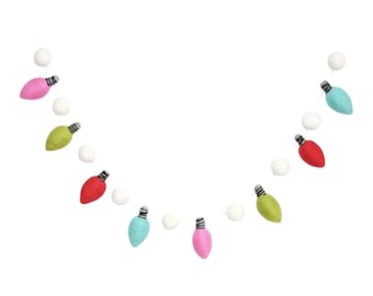 Felt Light Garland - Bright Christmas Tree Decoration - Pink, Red, Aqua, and Green Wool Balls