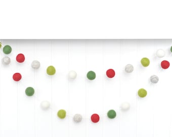 Christmas Pom Pom Garland: Red, Green, White Wool Felt Ball Bunting