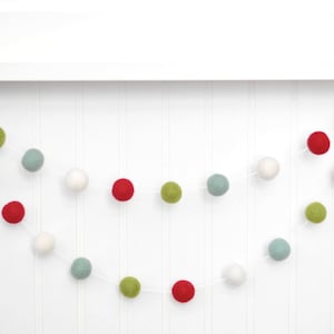 Teal Christmas Tree Garland - Holiday Mantle Decoration - Wool Felt Balls - Red, Green, Mint, and White