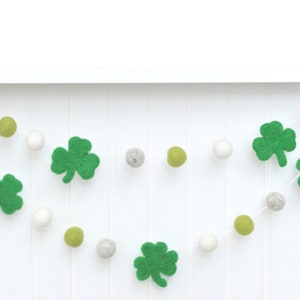 St. Patrick's Day Felt Ball Garland - Shamrock Banner - Green, Gray, and White Wool Pom Poms
