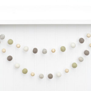 Farmhouse Wood Bead Garland - Rustic Neutral Bunting - Wool Felt balls - Cream, Ivory, Sage