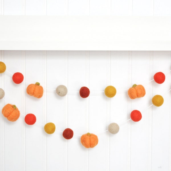 Classic Fall Garland - Autumn Pumpkin Decoration - Wool Felt Balls - Orange, Yellow, Rust, Cream