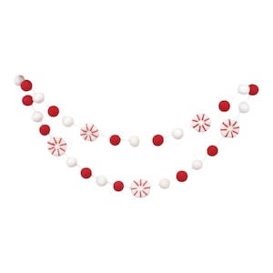 Guirnalda de fieltro de menta - Decoración navideña roja y blanca para el árbol - Guirnalda navideña de pompones