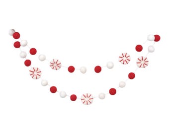 Felt Peppermint Garland - Red and White Christmas Tree Decoration - Holiday Pom Pom Bunting
