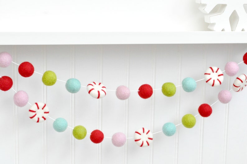 Peppermint Garland Christmas Banner Tree Decoration Red Pink Blue Green Felt Balls image 6