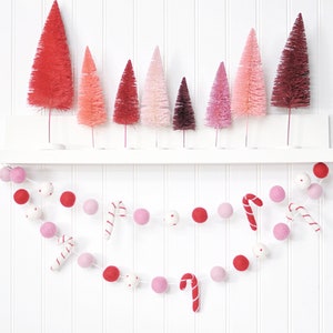 Pink Christmas Garland - Candy Cane Decoration - Tree Bunting - Red Pink White Felt Balls