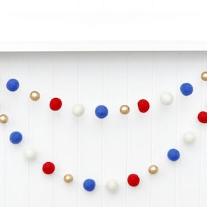 Patriotic Felt Ball Garland: Red, White, Royal & Gold Decor