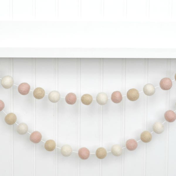 Pink and White Nursery Garland, Pink and Cream Baby Girl Nursery Decor, Blush Garland, Pink Bunting Pink Baby Shower Decor Felt Ball Garland