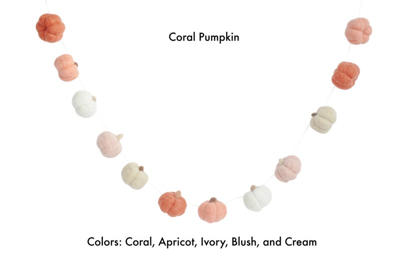 Coral all felt pumpkin garland featuring coral, apricot, ivory, blush, and cream.