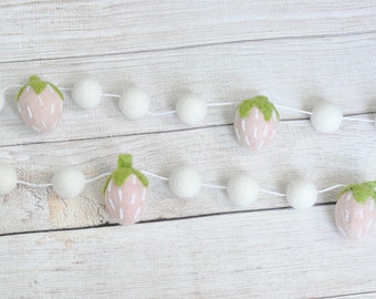 Felt Strawberry Garland - Summer Mantel Decoration - Blush and Ivory Wool Felt Balls