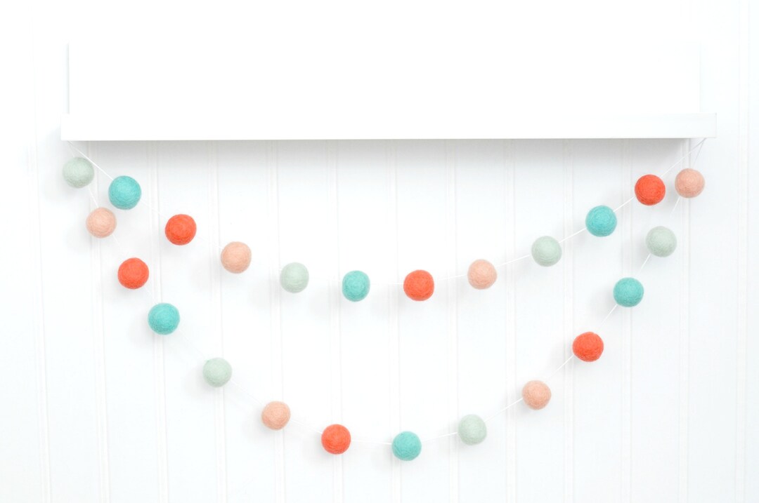 Coral and Mint Nursery, Peach and Mint Nursery Garland, Felt Ball