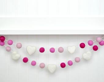 Felt Ball Valentine Garland: Wool Heart Banner, Pink Decor