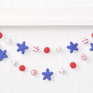 July 4th Star Garland - Red White and Royal Blue - Dots and Swirls Felt Balls