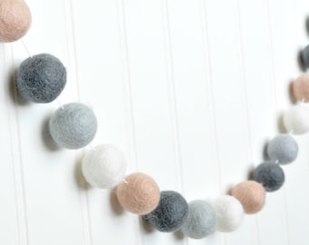 Blush Pink Nursery Decor, Blush and Gray Nursery Garland, Pink and Gray Nursery Wall Decor, Pink and White Felt Ball Garland Pom Pom Garland