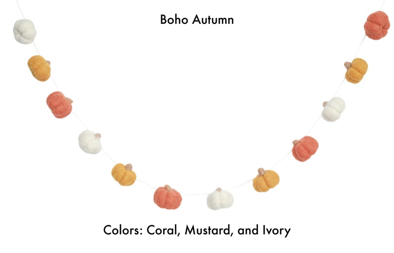 Boho themed all pumpkin felt garland with coral, mustard, and ivory pumpkins
