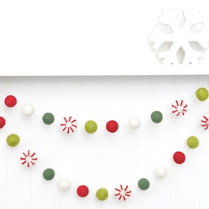 Peppermint Christmas Garland - Classic Holiday Wool Felt Balls - Red Green and White - Traditional Xmas