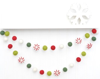 Peppermint Christmas Garland - Classic Holiday Wool Felt Balls - Red Green and White - Traditional Xmas