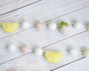 Strawberry Lemonade Felt Ball Garland - Summer Mantel Decoration - Pink and Yellow Wool Pom Poms
