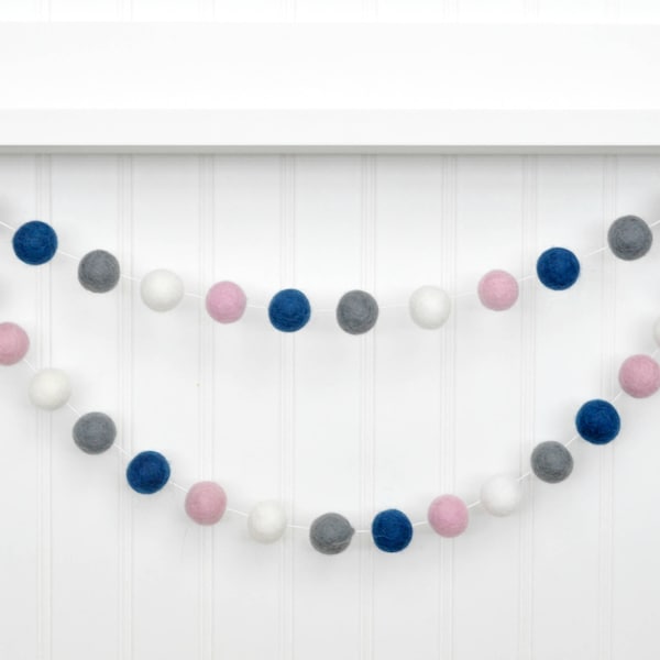 Pink and Navy Nursery Decor Navy and Pink Nursery Garland Pink Navy Gray Felt Ball Garland Pink and Gray Baby Shower Decor Baby Girl Nursery