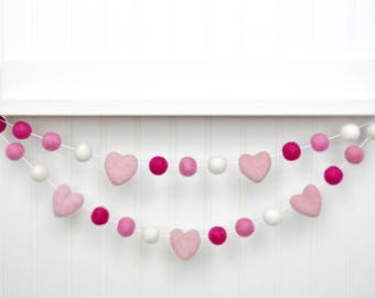 Felt Heart Garland: Pink Wool Ball Bunting, Valentine's Day Decor