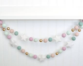 Pink and Blue Garland, Pink Blue Gold Nursery Decor, Mint Pink Felt Ball Garland, Felt Star Garland, Pink Nursery Garland, Girl Baby Shower