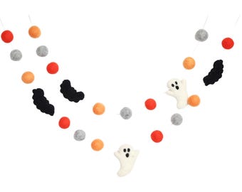 Ghost and Bat Halloween Garland - Orange Black Felt Balls