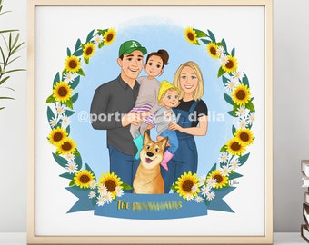 Christmas Family Portrait, Couple Illustration, Custom Drawing, People with Pets Painting, Personalized Holiday Gifts, Unique Xmas Presents