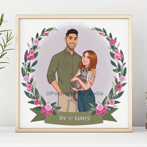 Family Portrait Illustration, Custom Couple Portrait, Cartoon Illustration with pets, Engagement Gift Ideas