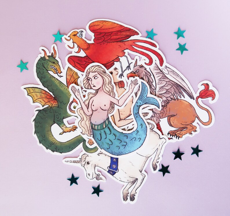 Medeltida klistermärkesset, Renässansklistermärken, Mytiska varelser, Gryffin Fantasy-klistermärken, Magiska varelser, Mytiska bestar, Griffin bild 8