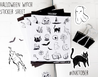 Halloween-klistermärken - Magiska dryckeklistermärken - Häxklistermärkesark - Häxbrevpapper - Spöksäsong - Svart kattjournal - Inktober