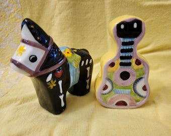 Vintage Salt and Pepper (S&P) Shakers, Donkey, Guitar, Painted, Ceramic, Decorative (Read Description) (Shipping Included)